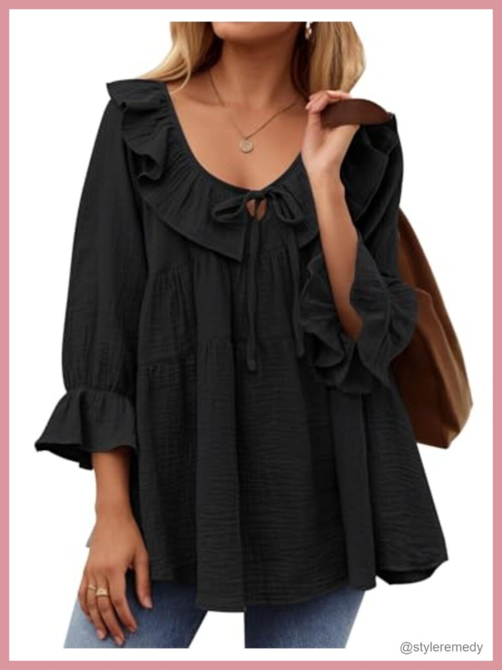 ZESICA Womens 3/4 Puff Sleeve Ruffle Tunic Blouse
